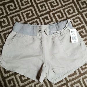 Tan linen shorts with cotton waistband
